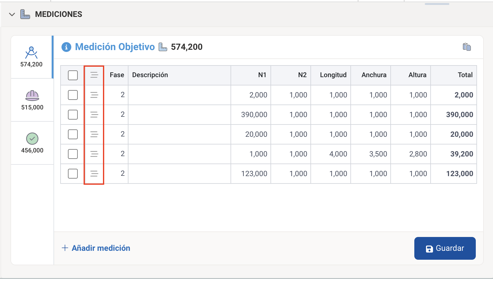 Reordenación de mediciones de una partida