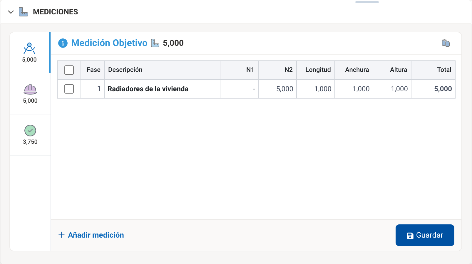 Mediciones objetivo de la partida seleccionada.