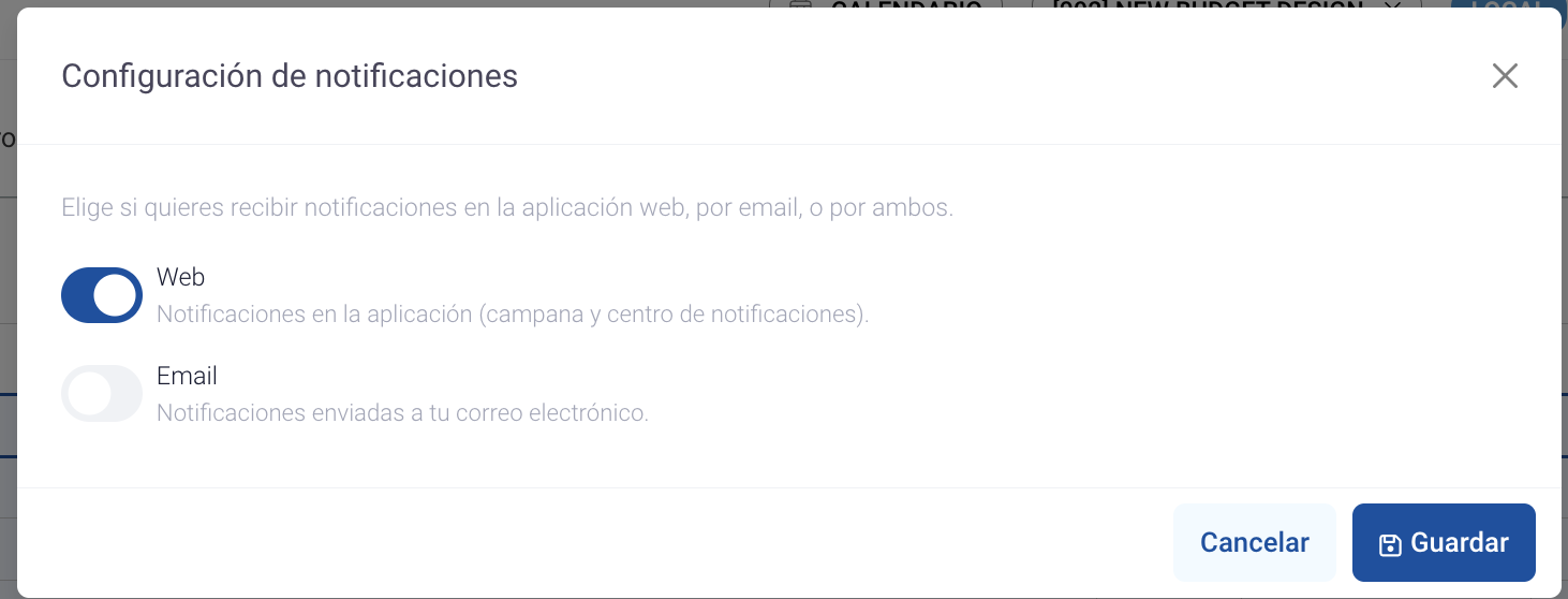 Modal de preferencias de notificación web y email