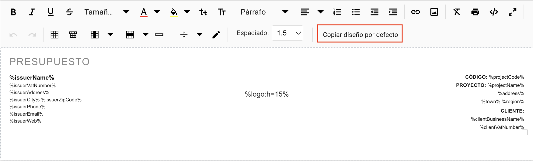 Botón Copiar diseño por defecto en la barra del editor de encabezado