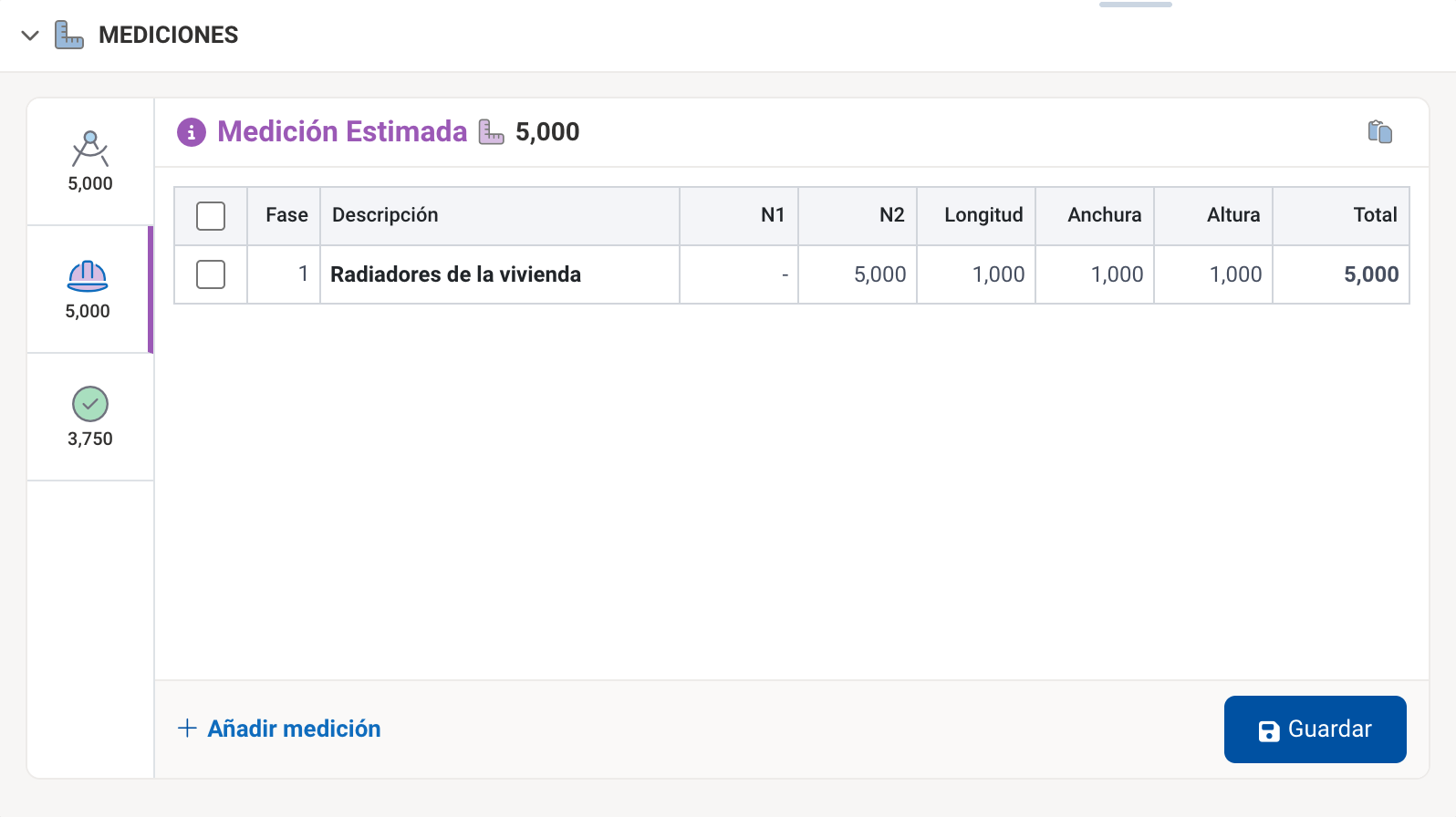 Mediciones estimadas de la partida seleccionada.