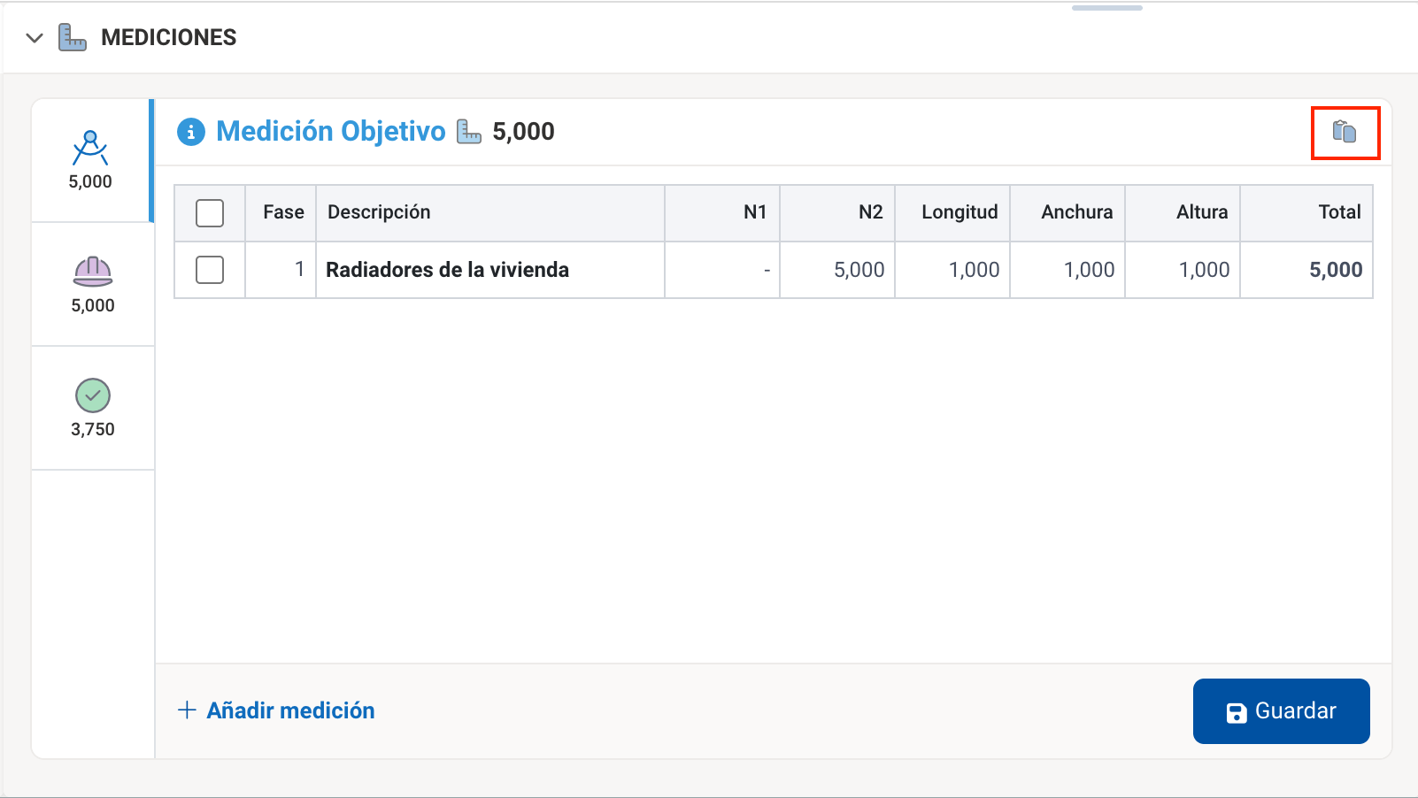 Opción que permite pegar mediciones en la partida seleccionada.