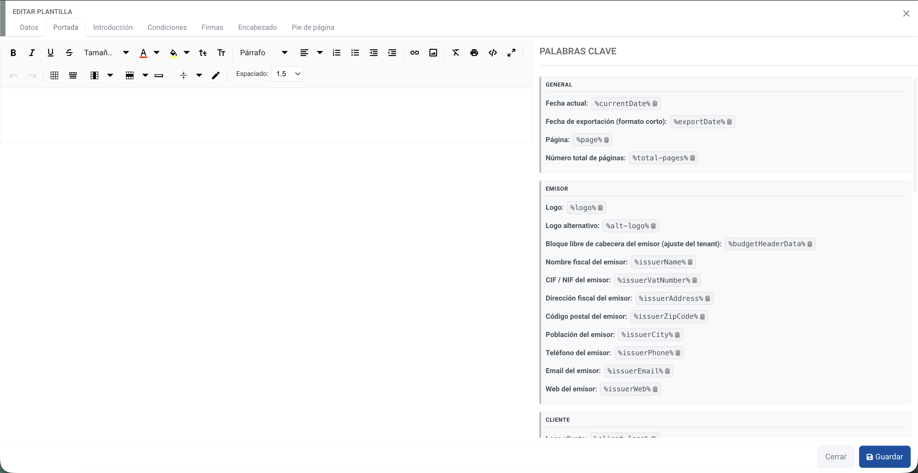 Editor de plantilla con pestañas y palabras clave