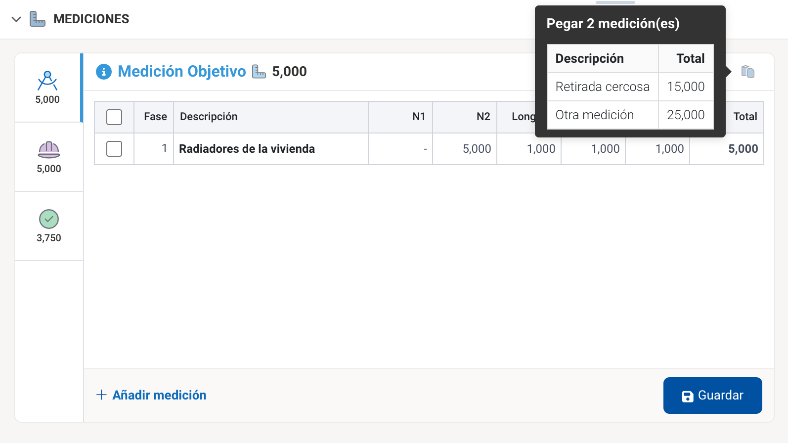Tooltip informativo con las mediciones que se van a pegar en la partida seleciconada.